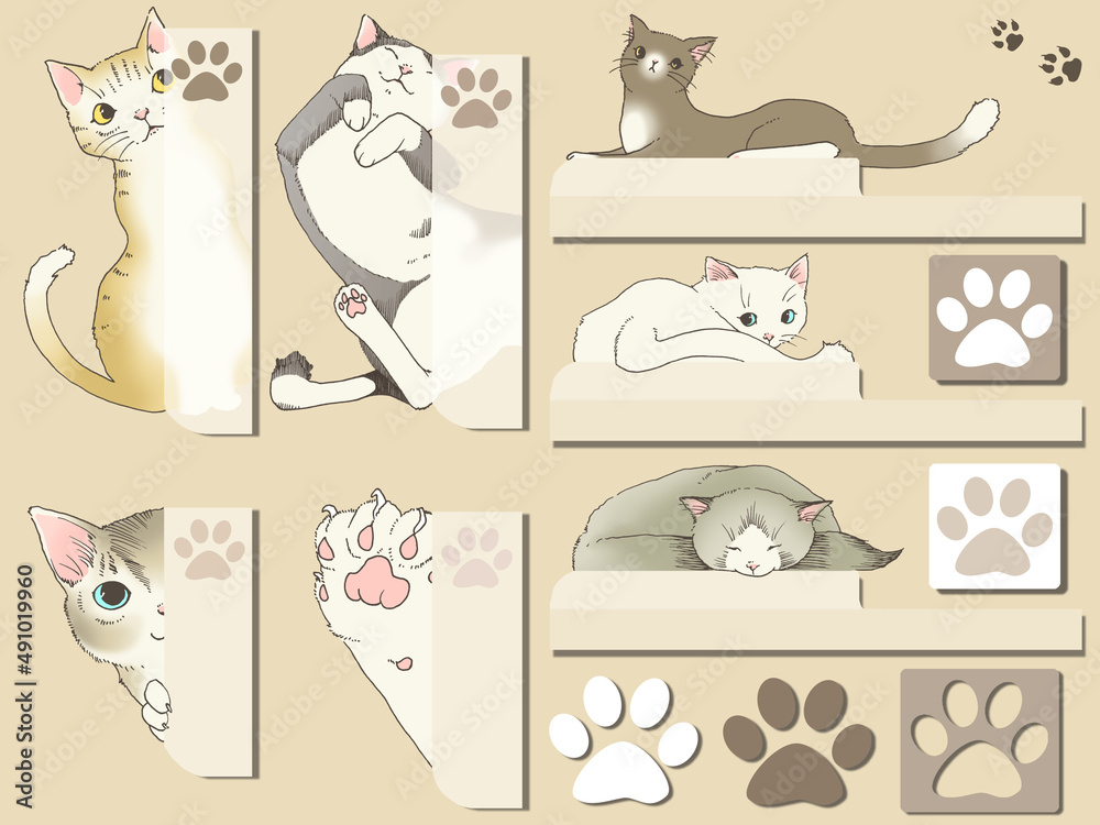 手描き線画の猫の見出しデザインセット カラー Stock イラスト Adobe Stock