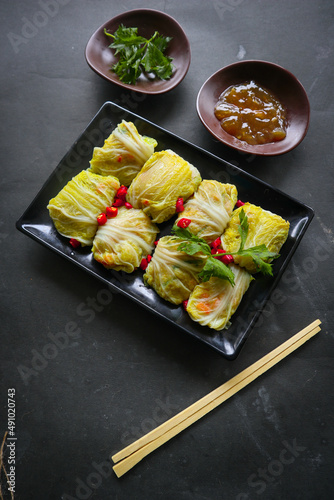  "cabbage rolls stuffed meat or kol gulung, kelem dolmasi, sarma Cabbage wraps, Chou farci, golubtsy, golabki. cooked cabbage leaves wrapped with meat, or beef.