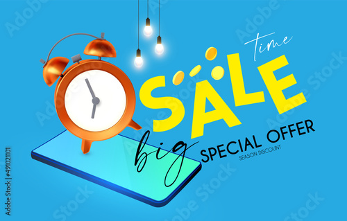 Shipping time. Online marketing concept with shining smartphone and ringing alarm clock
