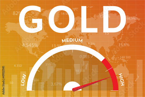 High Gold price stock market graph on yellow finance background with chart, numbers, world map. Global uptrend