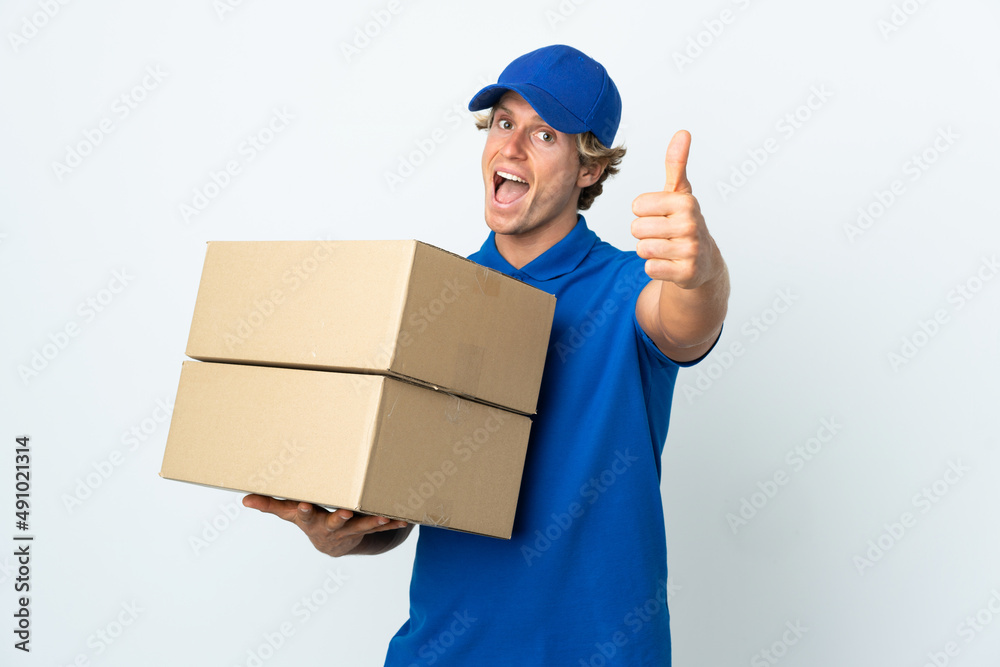 Delivery man over isolated white background with thumbs up because something good has happened Delivery man over isolated white background with thumbs up because something good has happened