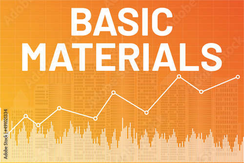 Sector Basic materials price on stock market graph on yellow and orange finance background with line, chart, city. Uptrend