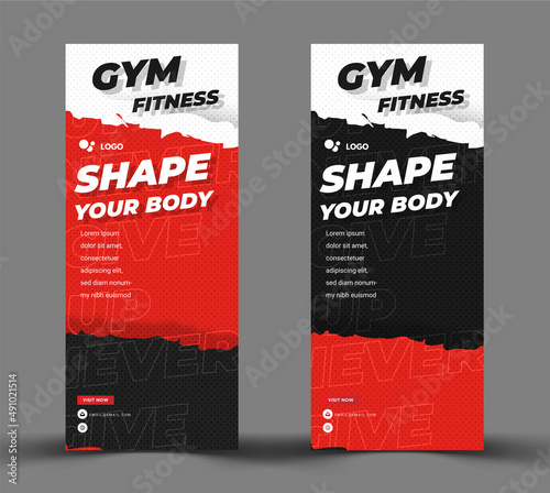 Gym fitness roll up banner template with a grunge design concept