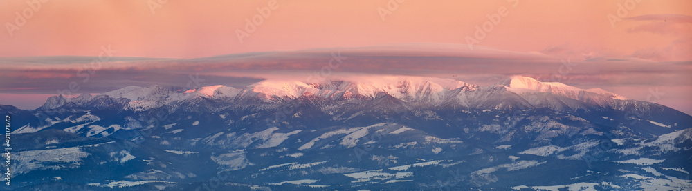 Winter landscape of High Tatra Mountains .nice light at sunset, Panoramatic photo