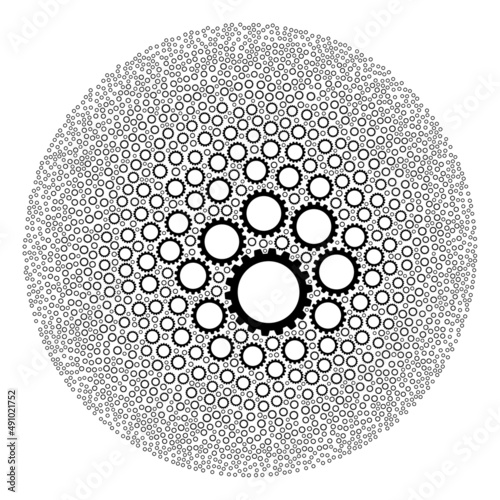Cogwheel icons are grouped into round group. Cogwheel icon spheric mosaic. Abstract round cluster mosaic is organized from cogwheel icons.