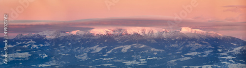 Winter landscape of High Tatra Mountains .nice light at sunset  Panoramatic photo