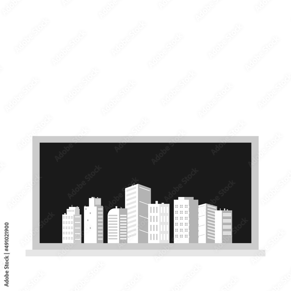 flat balck and white illustration of city building vector in window, urban skyscraper graphic background