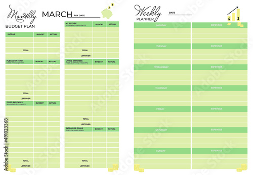 Vector financial planner pages templates. Weekly and monthly budget planner for print. Modern, comfortable planner in yellow and green colors.Cute finance planner template with financial icons