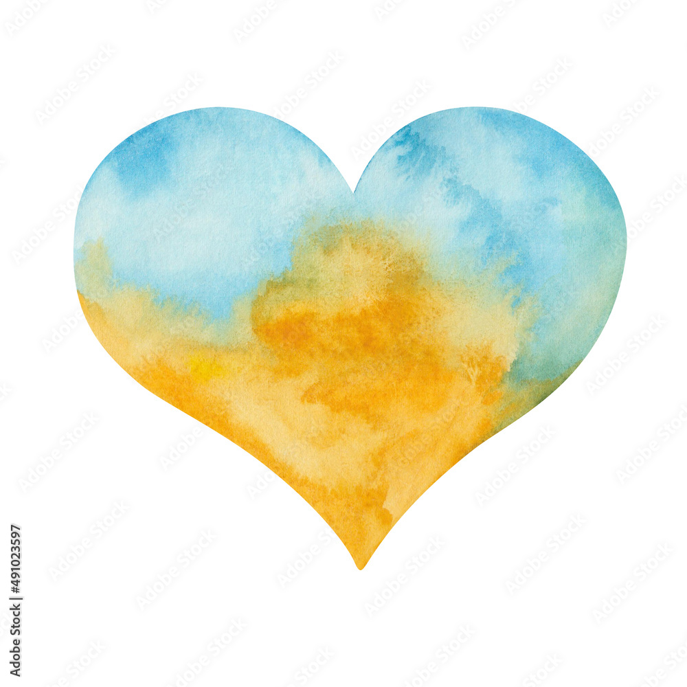 Watercolor illustration of hand painted blue and yellow heart. Isolated on white clip art element. Flag of Ukraine in shape of heart. Concept of patriotism, peace, freedom. Independence day poster