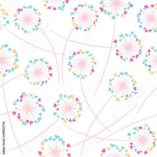 Dandelion blowing plant vector floral seamless pattern. Flowers with heart sh...