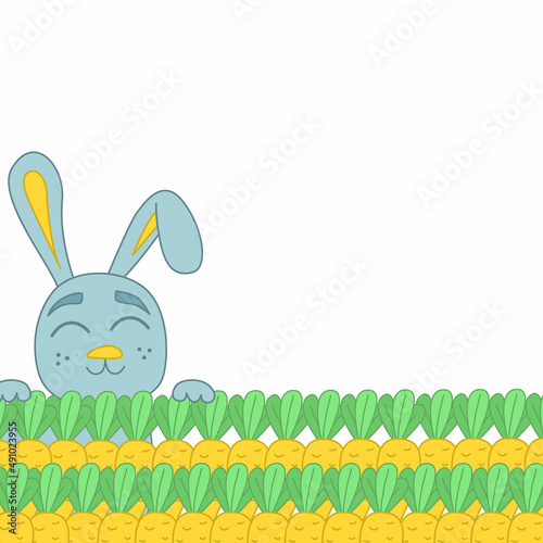 Vector background template with carrot and rabbit character. Children's vector banner with a cartoon banny character. Frame for children's text
