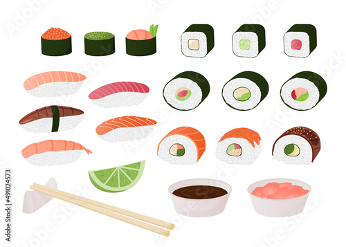 traditional Japanese meal with spicy seafood, tuna salmon and shrimps. Vector isolated set