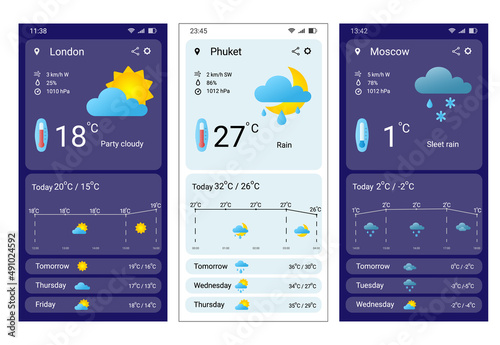 Weather . Temperature mobile app and web interface, sun and rain forecast. Vector metrology page