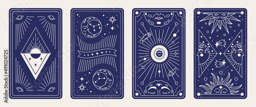 Tarot card deck. Magic esoteric posters with mystic astrology symbols, occult elements. Vector set