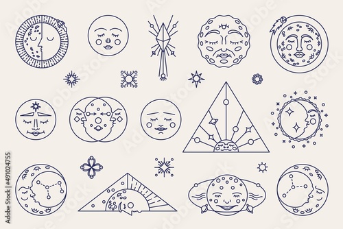 Moon logo. Mystic astrology symbol, minimal line Moon celestial tattoo. Vector magic icon set