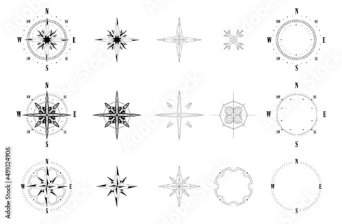 Compass dial and arrow. Construction kit of wind rose and vintage nautical compass symbol. Vector direction meter isolated set photo
