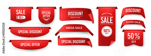 Ribbon price tag. Sale and special offer red label, offer sticker . Vector isolated set photo