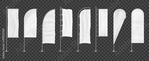 Realistic white beach flag. Advertising cloth banner on vertical flagpole, waving promotion fabric. Vector set