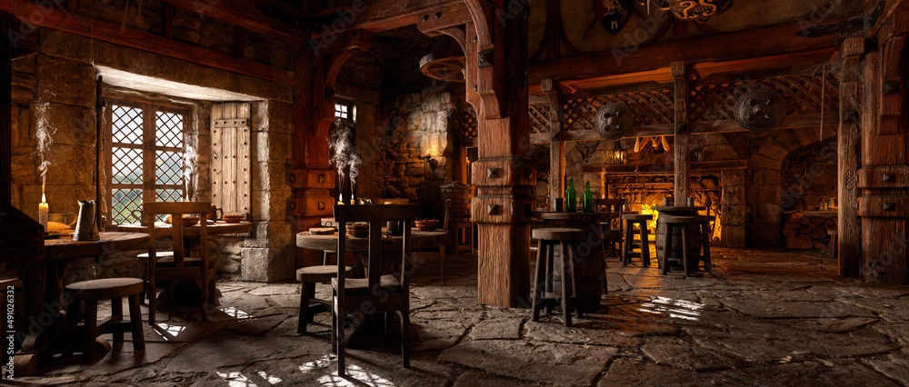 Wide panoramic view of the bar area in a fantasy medieval tavern with open fire in the background. 3D rendering. - obrazy, fototapety, plakaty 