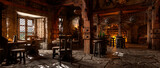 Wide panoramic view of the bar area in a fantasy medieval tavern with open fire in the background. 3D rendering.