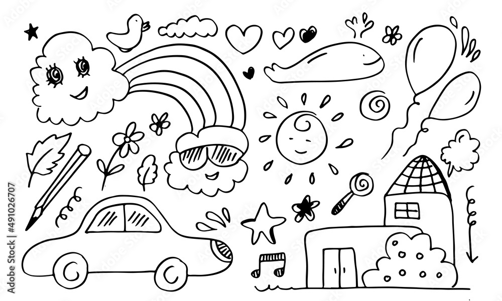 Naklejka premium hand-drawn cute doodle set on white background. doodle design elements.doodle kids for decoration and coloring page.
