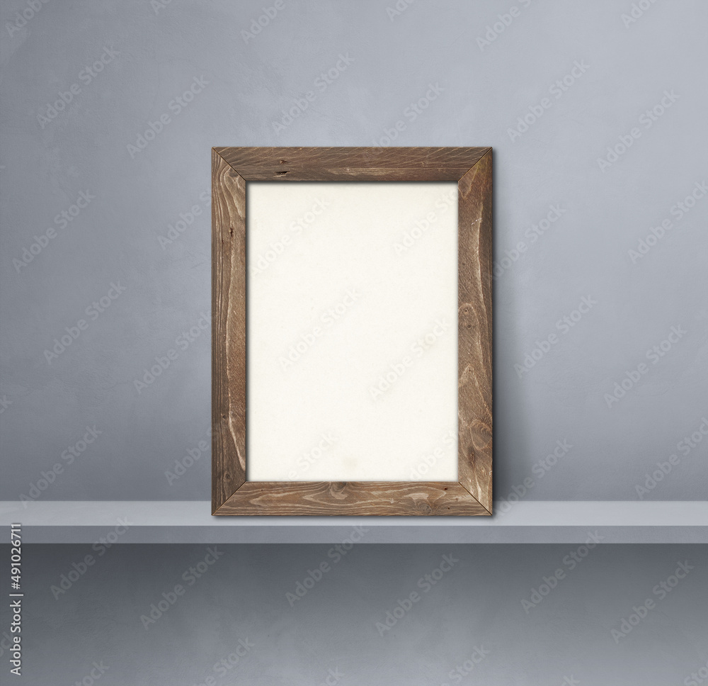 Wooden picture frame leaning on a grey shelf. 3d illustration. Square background Wooden picture frame leaning on a grey shelf. 3d illustration. Square background