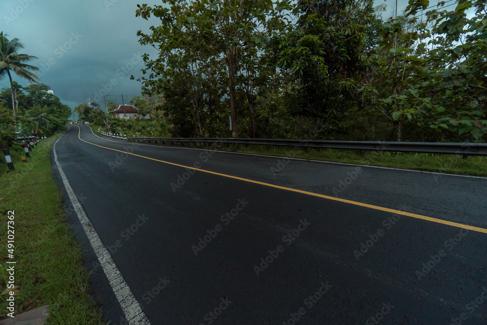 The highway when it's cloudy, only a few vehicles can be seen passing by with shady trees on either side