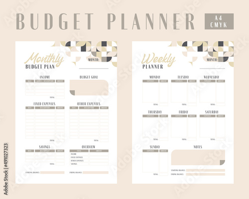 Financial planner with retro geometric background. Mounthly and weekly budget plan.
