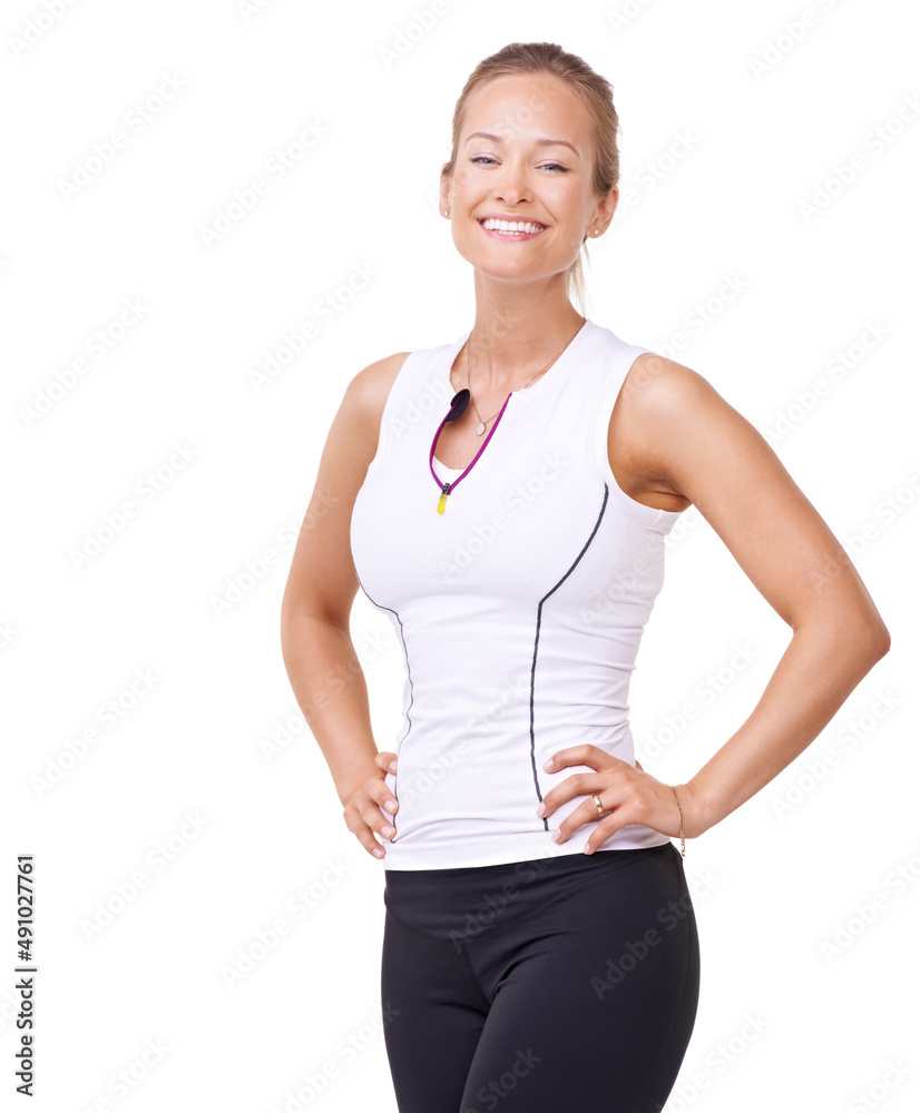 Shes happy with her fitness level. Portrait of an attractive young woman standing with her hands on her hips. Shes happy with her fitness level. Portrait of an attractive young woman standing with her hands on her hips.