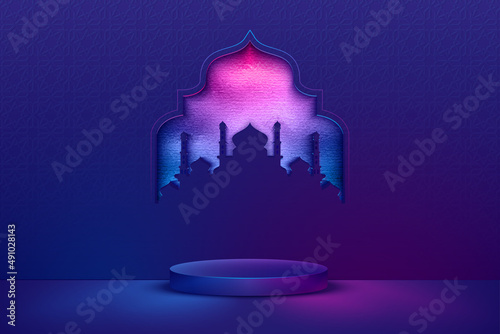 Trendy blue podium background with mosque shape for your product advertisement islamic theme.