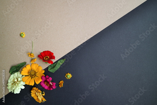 Beautiful flower flat lay arrangement on black and brown background. Flat lay bouquet, top view, overhead, empty space for copied text.