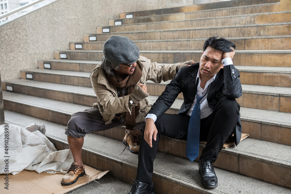 Beggar man cheer up unemployed businessman Beggar man cheer up unemployed businessman