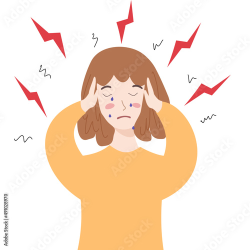 young woman in a stressful situation, afraid and pinching her ears