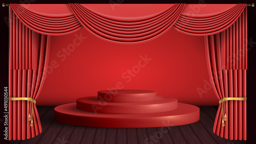 Theatrical stage with red curtains and red stage. 3d drapery vector.