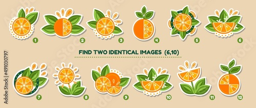 Stickers with orange slices and leaves. The educational matching game for preschool kids. Task is to compare items and find two identical stickers. Vector illustration