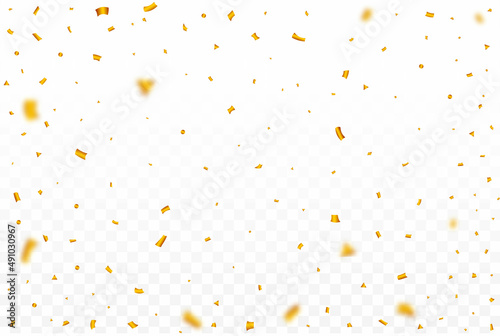 Golden party tinsel and confetti falling. Anniversary celebration. Gold color confetti falling isolated on transparent background. Carnival elements. Confetti vector for festival background.