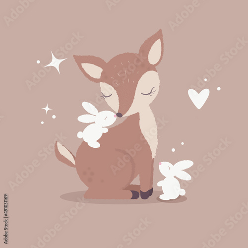 Bamby with cute bunnies book illustration in flat style