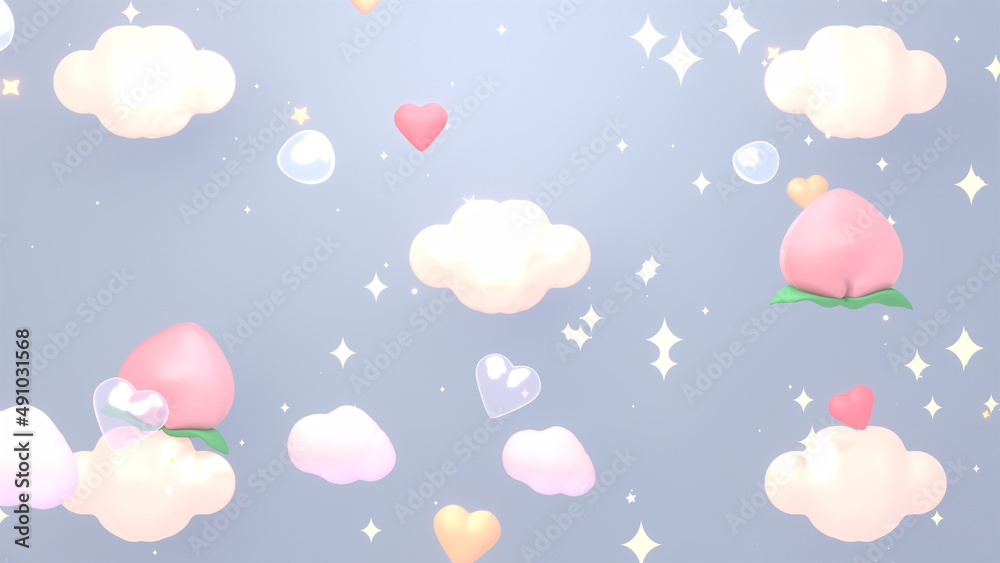 3d rendered sweet peaches, bubbles, and stars sky.