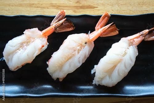 Raw sweet shrimp nigiri sushi. Selective focus.