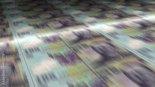 Romania Lei money sheet printing. RON banknotes loop print. Seamless and looped background concept of finance, economy crisis, inflation and business