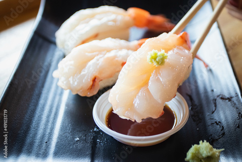 Raw sweet shrimp nigiri sushi. Selective focus.