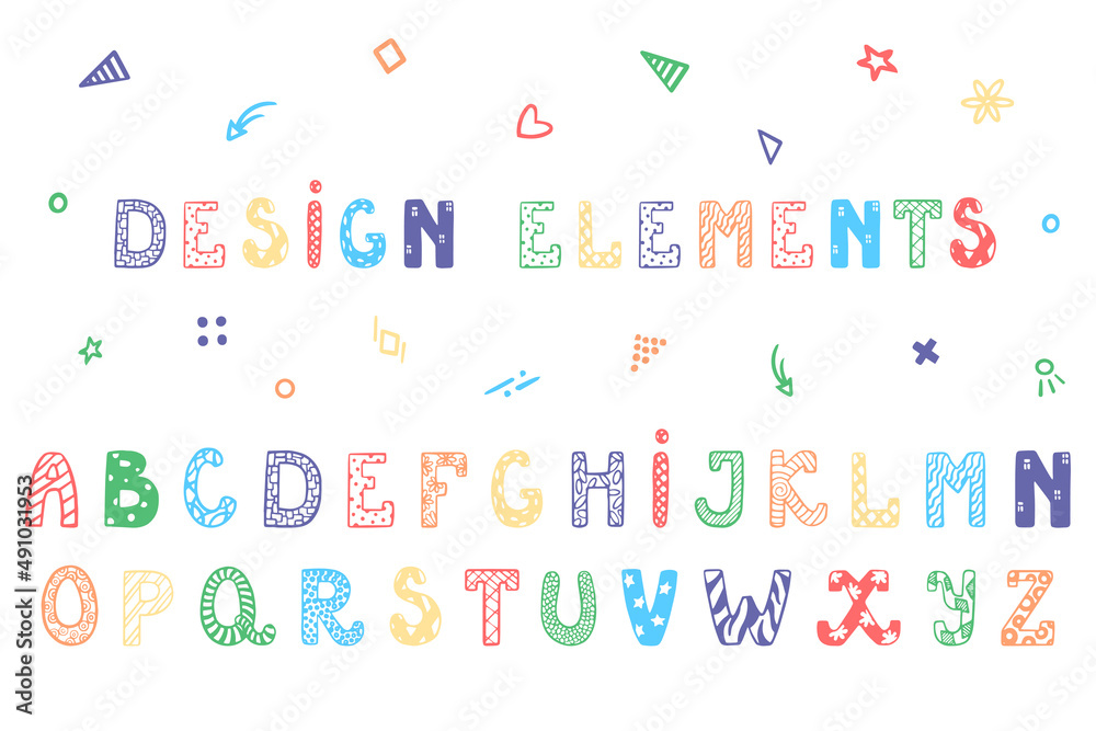 Modern playful style font design, childish alphabet letters with design elements. Vector isolated bold font for poster, flyer, book cover, greeting card, product packaging, graphic print, etc. Modern playful style font design, childish alphabet letters with design elements. Vector isolated bold font for poster, flyer, book cover, greeting card, product packaging, graphic print, etc.