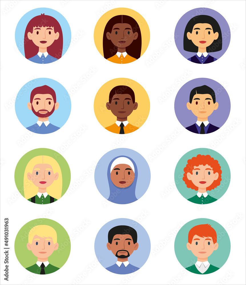 Flat collection with avatar people different nationality and gender. Id illustration set for internet sites. Colorful business icon with woman and man faces. Flat collection with avatar people different nationality and gender. Id illustration set for internet sites. Colorful business icon with woman and man faces.