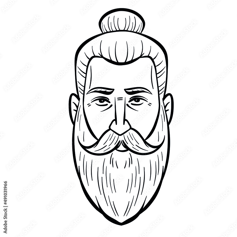 man with man bun and full beard. head, comic, monochrome. man with man bun and full beard. head, comic, monochrome.
