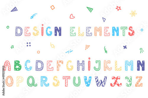Modern playful style font design, childish alphabet letters with design elements. Vector isolated bold font for poster, flyer, book cover, greeting card, product packaging, graphic print, etc.