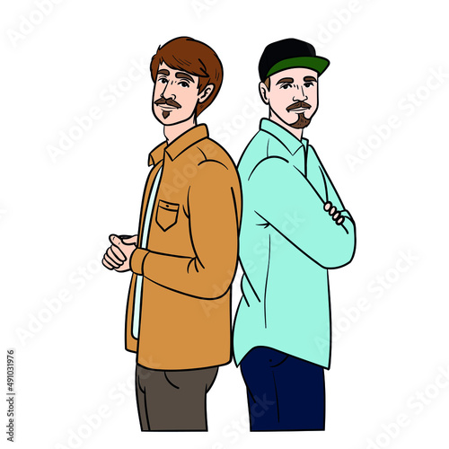 two young men shoulder to shoulder from the side. comic.