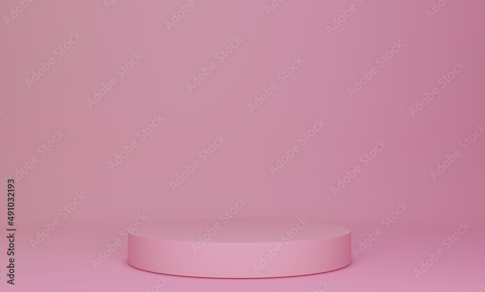 Pink platform display pedestal with a luxurious podium on the background of a pink room. An empty exhibition or an empty shelf with goods. 3D rendering. Pink platform display pedestal with a luxurious podium on the background of a pink room. An empty exhibition or an empty shelf with goods. 3D rendering.