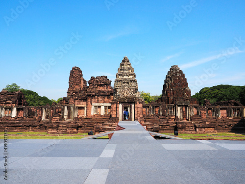 Phimai historic park  ancient temple building with clear blue sky