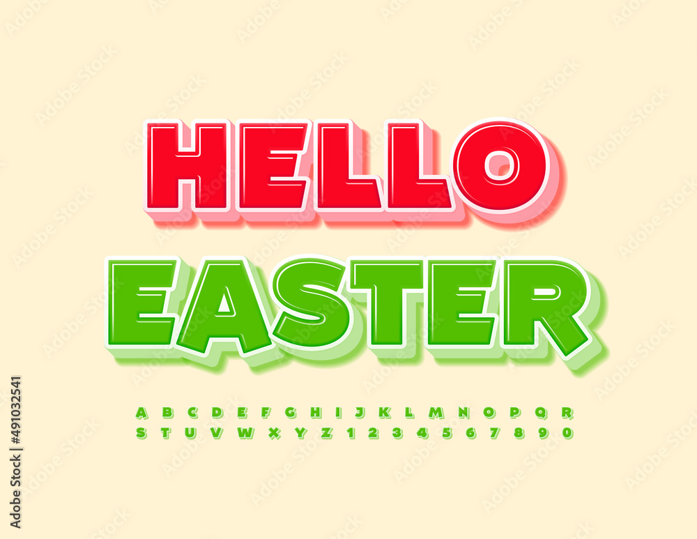 Vector greeting card Hello Easter. Green 3D Font. Creative Alphabet Letters and Numbers set Vector greeting card Hello Easter. Green 3D Font. Creative Alphabet Letters and Numbers set