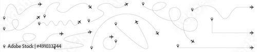 Airplane route. Plane line path icon isolated on background. Flight route with start point and dash line trace. Travel concept. Aircraft tracking, plans, map, location. photo